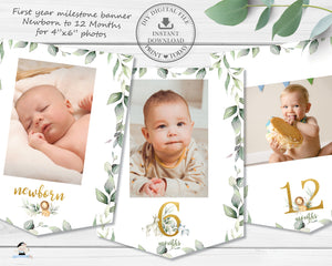 Jungle Animals Greenery 1st Birthday Photo Milestone First Year Flag Banner - Instant Download - Digital Printable File