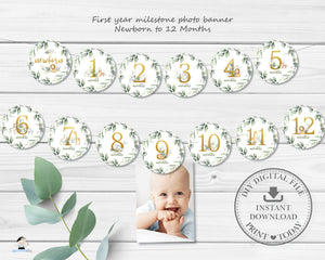 Jungle Animals Greenery 1st Birthday Photo Milestone First Year Banner - Instant Download - Digital Printable File