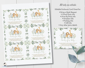 Chic Jungle Animals Greenery Bring a Book Instead of a Card Extra Info Editable Template - Digital Printable File - Instant Donwload - JA5