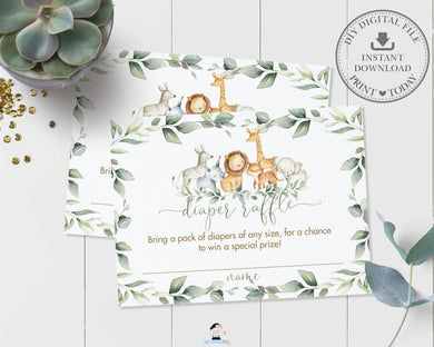 Chic Jungle Animals Greenery Diaper Raffle Cards Digital Printable File - Instant Download - JA5