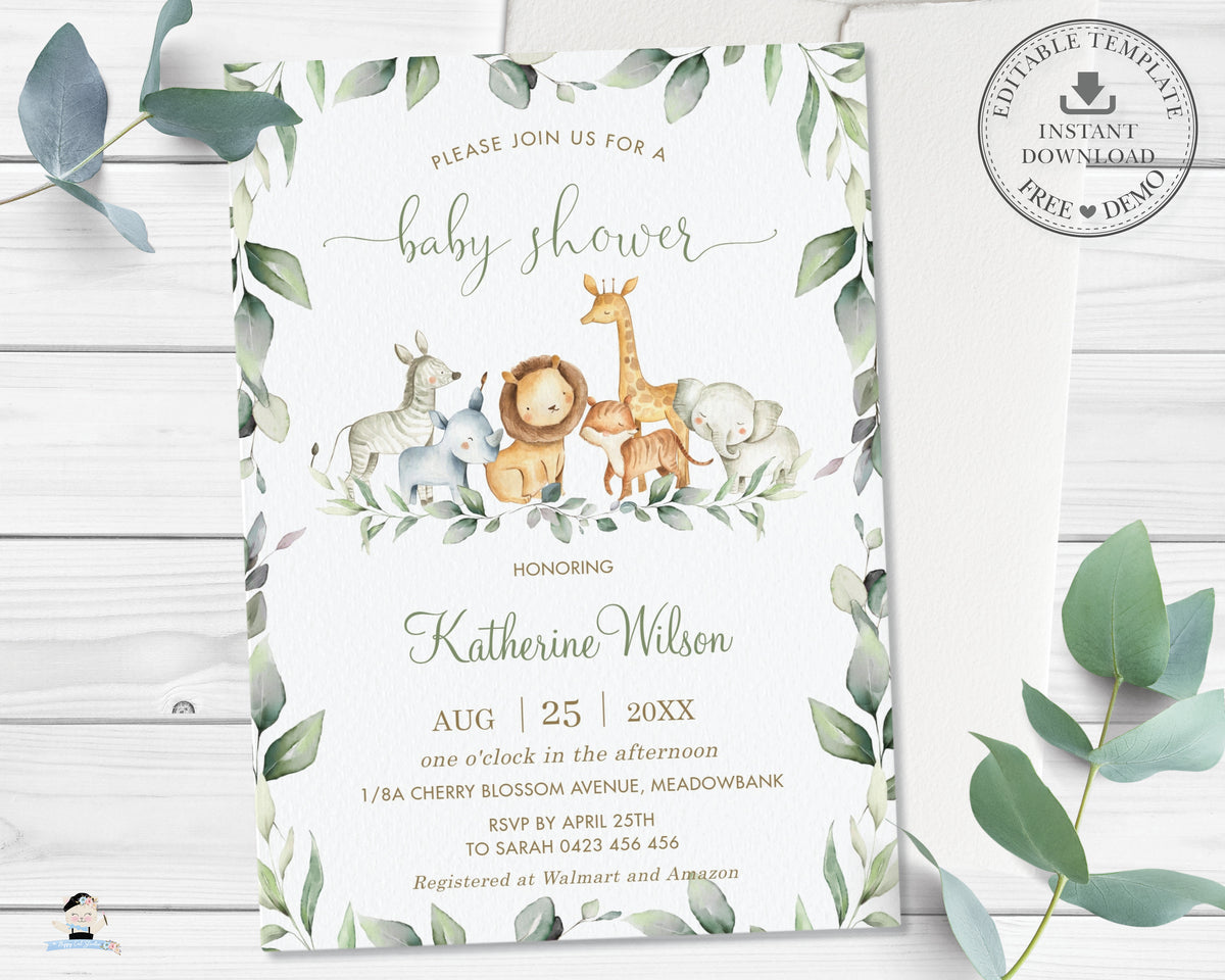 Chic Greenery Jungle Animals Gender Neutral Baby Shower Invitation Edi ...