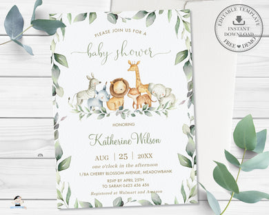 Chic Greenery Jungle Animals Gender Neutral Baby Shower Invitation Editable Template - Digital Printable File - Instant Download - JA5