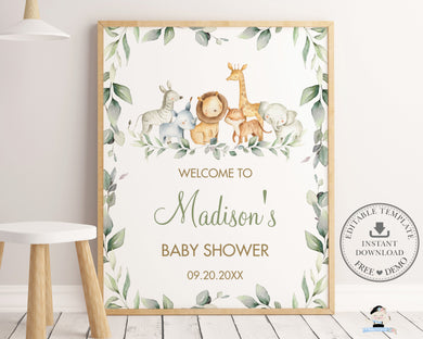 Chic Jungle Animals Greenery Welcome Sign Gender Neutral - Digital Printable File - Instant Download - JA5