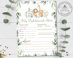 Jungle Animals Greenery Baby Predictions and Advice Baby Shower Activity Game - Instant Download Digital Printable File - JA5