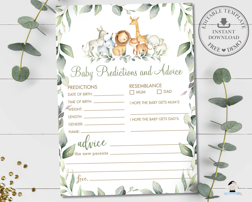 Jungle Animals Greenery Baby Predictions and Advice Baby Shower Activity Game - Instant Download Digital Printable File - JA5