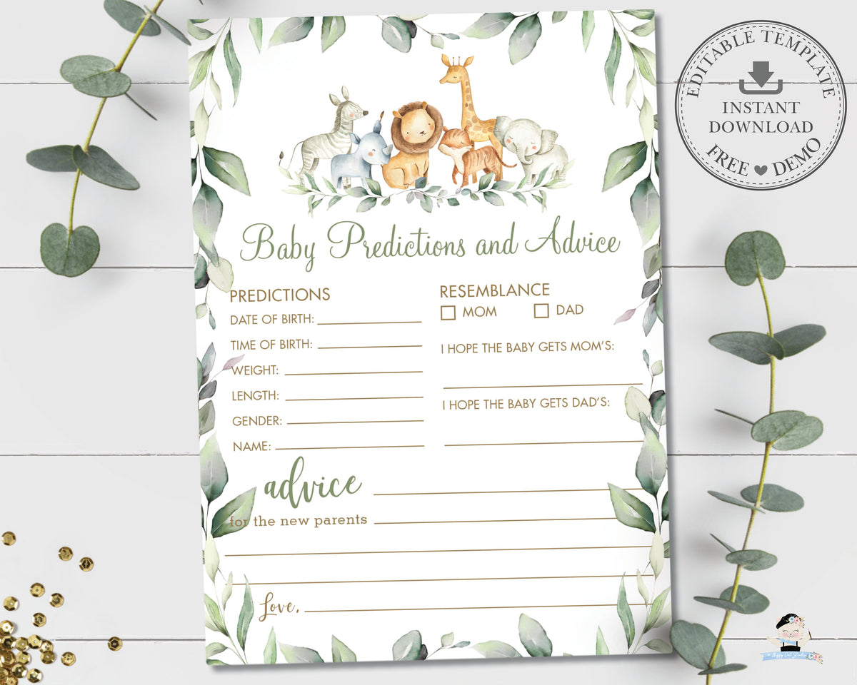 Jungle Animals Greenery Baby Predictions and Advice Baby Shower Activi ...