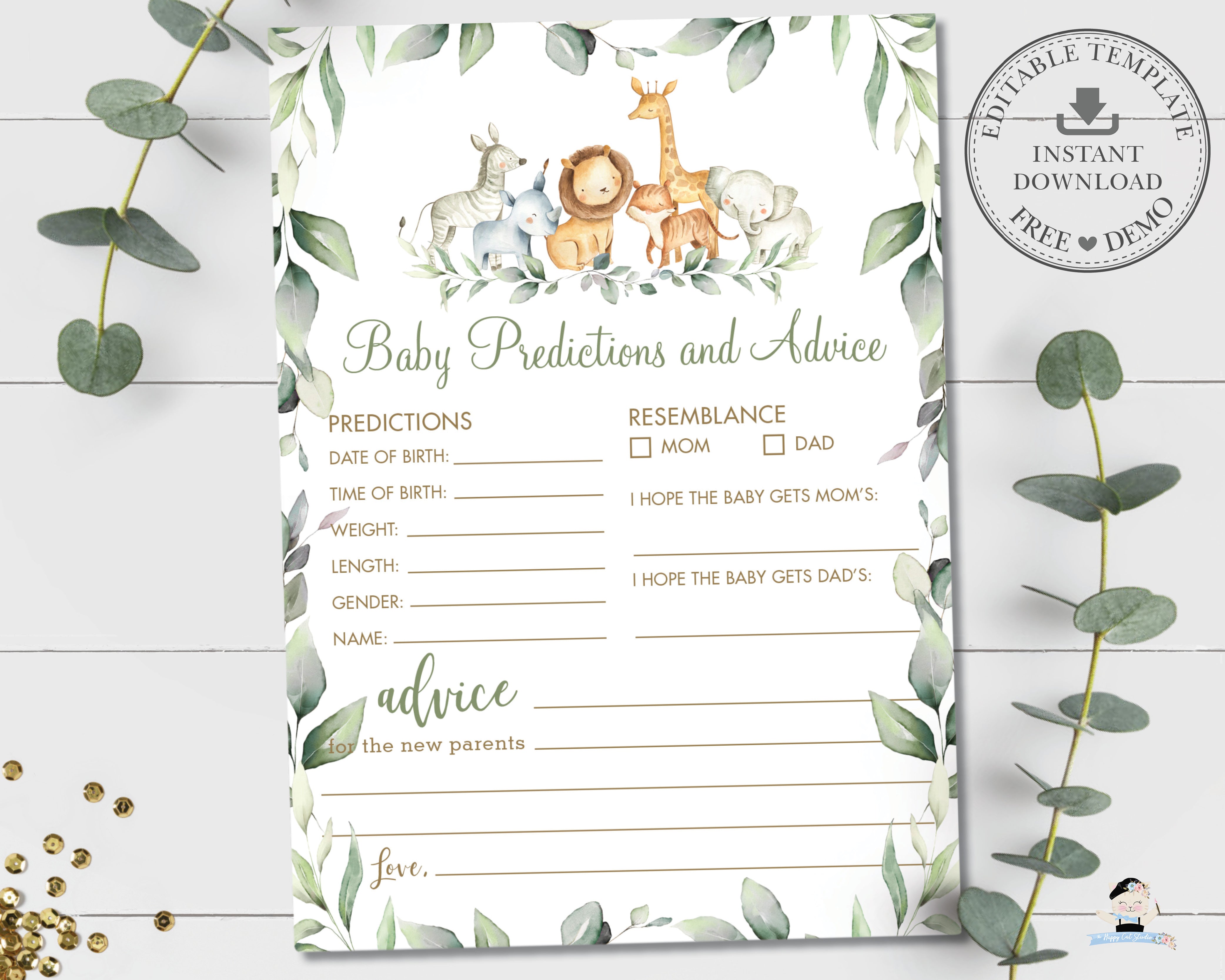 Jungle Animals Greenery Baby Predictions and Advice Baby Shower Activi –  The Happy Cat Studio