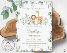 Load image into Gallery viewer, Chic Greenery Jungle Animals Gender Neutral 1st Birthday Wild One Invitation Editable Template - Digital Printable File - Instant Download - JA5