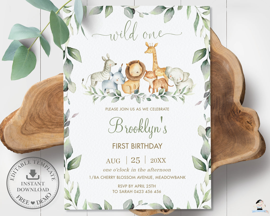 Chic Greenery Jungle Animals Gender Neutral 1st Birthday Wild One Invitation Editable Template - Digital Printable File - Instant Download - JA5