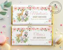 Load image into Gallery viewer, Jungle Animals Pink Greenery Floral Baby Shower 1st Birthday Chocolate Bar Wrappers Hershey Aldi Editable Template - Digital Printable - Instant Download - JA6
