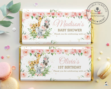 Jungle Animals Pink Greenery Floral Baby Shower 1st Birthday Chocolate Bar Wrappers Hershey Aldi Editable Template - Digital Printable - Instant Download - JA6