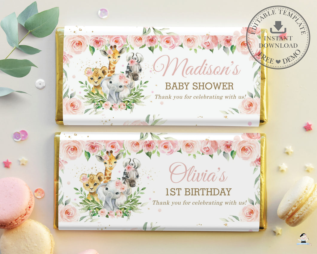 Jungle Animals Pink Greenery Floral Baby Shower 1st Birthday Chocolate Bar Wrappers Hershey Aldi Editable Template - Digital Printable - Instant Download - JA6