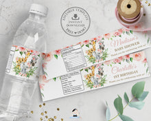 Load image into Gallery viewer, Jungle Animals Pink Greenery Floral Baby Shower 1st Birthday Water Bottle Labels Wrappers Editable Template - Digital Printable - Instant Download - JA6