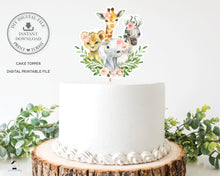Load image into Gallery viewer, Jungle Animals Pink Floral Greenery Birthday Baby Shower Cake Topper Digital Printable File - Instant Download - JA6