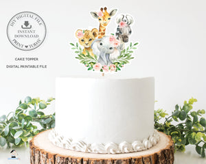 Jungle Animals Pink Floral Greenery Birthday Baby Shower Cake Topper D –  The Happy Cat Studio