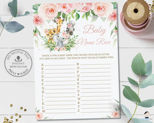 Pink Floral Jungle Animals Baby Name Race ABC Baby Shower Game Activity - Digital Printable File - Instant Download - JA6