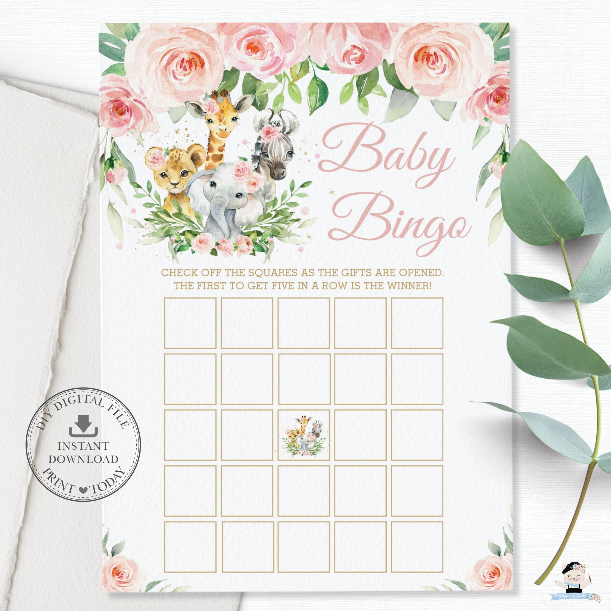 Chic Jungle Animals Pink Floral Blank and Pre-filled Baby Shower Bingo – The Happy Cat Studio Chic Jungle Animals Pink Floral Blank and Pre-filled Baby Shower Bingo – The Happy Cat Studio