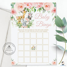 Load image into Gallery viewer, Chic Jungle Animals Pink Floral Blank and Pre-filled Baby Shower Bingo Game Printable Activities - Digital Files - Instant Download - JA6