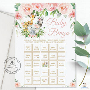 Chic Jungle Animals Pink Floral Blank and Pre-filled Baby Shower Bingo Game Printable Activities - Digital Files - Instant Download - JA6