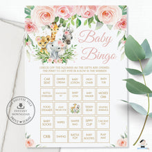 Load image into Gallery viewer, Chic Jungle Animals Pink Floral Blank and Pre-filled Baby Shower Bingo Game Printable Activities - Digital Files - Instant Download - JA6