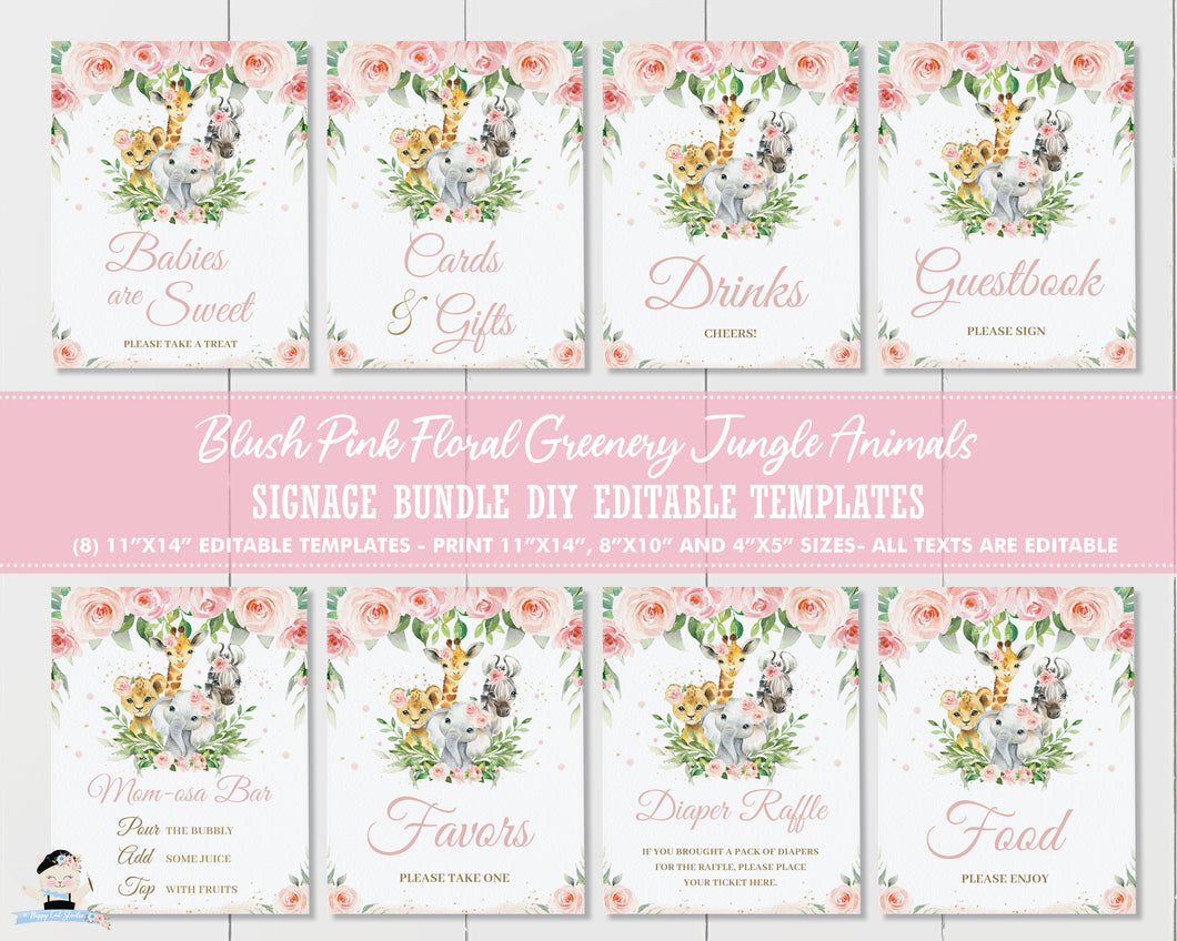 Jungle Animals Pink Floral Greenery Signs Bundle Editable Templates - Digital Printable File - Instant Download - JA6