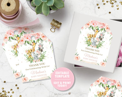 Jungle Animals Pink Floral Greenery Thank You Favor Tags - Editable Template - Instant Download - Digital Printable File - JA6