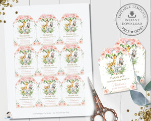 Jungle Animals Pink Floral Greenery Thank You Favor Tags - Editable Template - Instant Download - Digital Printable File - JA6