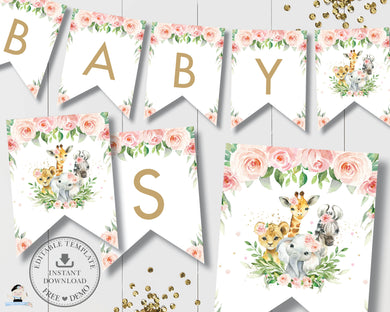 Jungle Animals Pink Floral Greenery Flag Banner Bunting - Editable Template - Instant Download - Digital Printable File - JA6