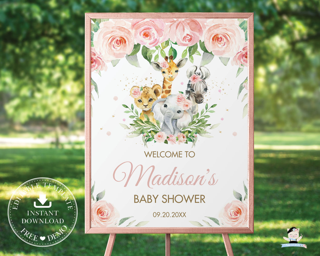 Jungle Animals Pink Floral Greenery Welcome Sign Decor - Editable Template - Instant Download - Digital Printable File - JA6