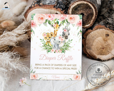 Chic Pink Floral Jungle Animals Diaper Raffle Card Digital Printable File - Instant Download - JA6