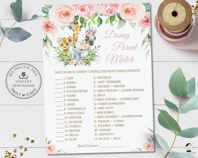 Disney Parent Match Baby Shower Game Jungle Animals Pink Floral Greenery - Instant Download - Digital Printable File - JA6