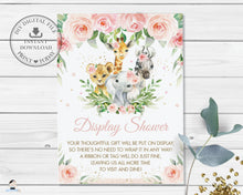 Load image into Gallery viewer, Display Shower Card, INSTANT DOWNLOAD, Pink Floral Greenery Jungle Animals Baby Shower No Gift Wrap Insert, Safari Elephant Printable, JA6
