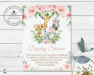 Display Shower Card, INSTANT DOWNLOAD, Pink Floral Greenery Jungle Animals Baby Shower No Gift Wrap Insert, Safari Elephant Printable, JA6