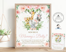 Load image into Gallery viewer, How Big is Mommy&#39;s Belly Sign Card, INSTANT DOWNLOAD, Chic Pink Floral Safari Jungle Animals Baby Shower Game Activity Diy PDF Printable JA6