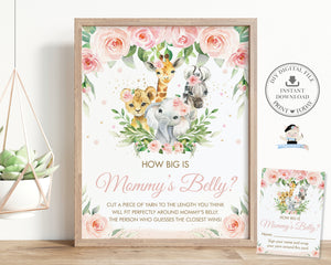 How Big is Mommy's Belly Sign Card, INSTANT DOWNLOAD, Chic Pink Floral Safari Jungle Animals Baby Shower Game Activity Diy PDF Printable JA6