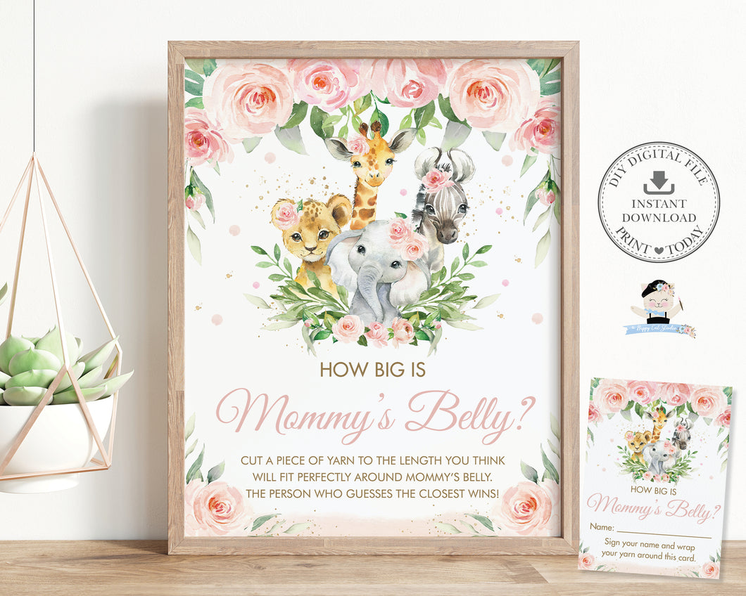 How Big is Mommy's Belly Sign Card, INSTANT DOWNLOAD, Chic Pink Floral Safari Jungle Animals Baby Shower Game Activity Diy PDF Printable JA6