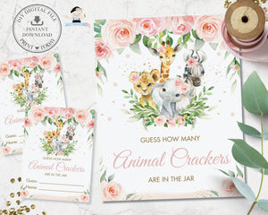 Guess How Many Animal Crackers Baby Shower Game Jungle Animals Pink Floral Greenery - Instant Download - Digital Printable File - JA6