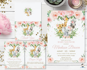 Chic Pink Floral Jungle Animals Baby Shower Invitation Bundle Editable Templates - Diaper Raffle Books for Baby Thank You Card - Digital Printable Files - Instant Download - JA6