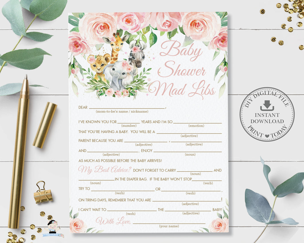 Jungle Animals Baby Shower Mad Libs, Chic Pink Floral Greenery Safari Advice for Mom to Be Activity Printable, Diy Pdf INSTANT DOWNLOAD, JA6
