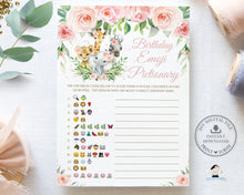 Load image into Gallery viewer, Jungle Animals Pink Floral Birthday Emoji Pictionary Game Digital Printable File - Instant Download - JA6