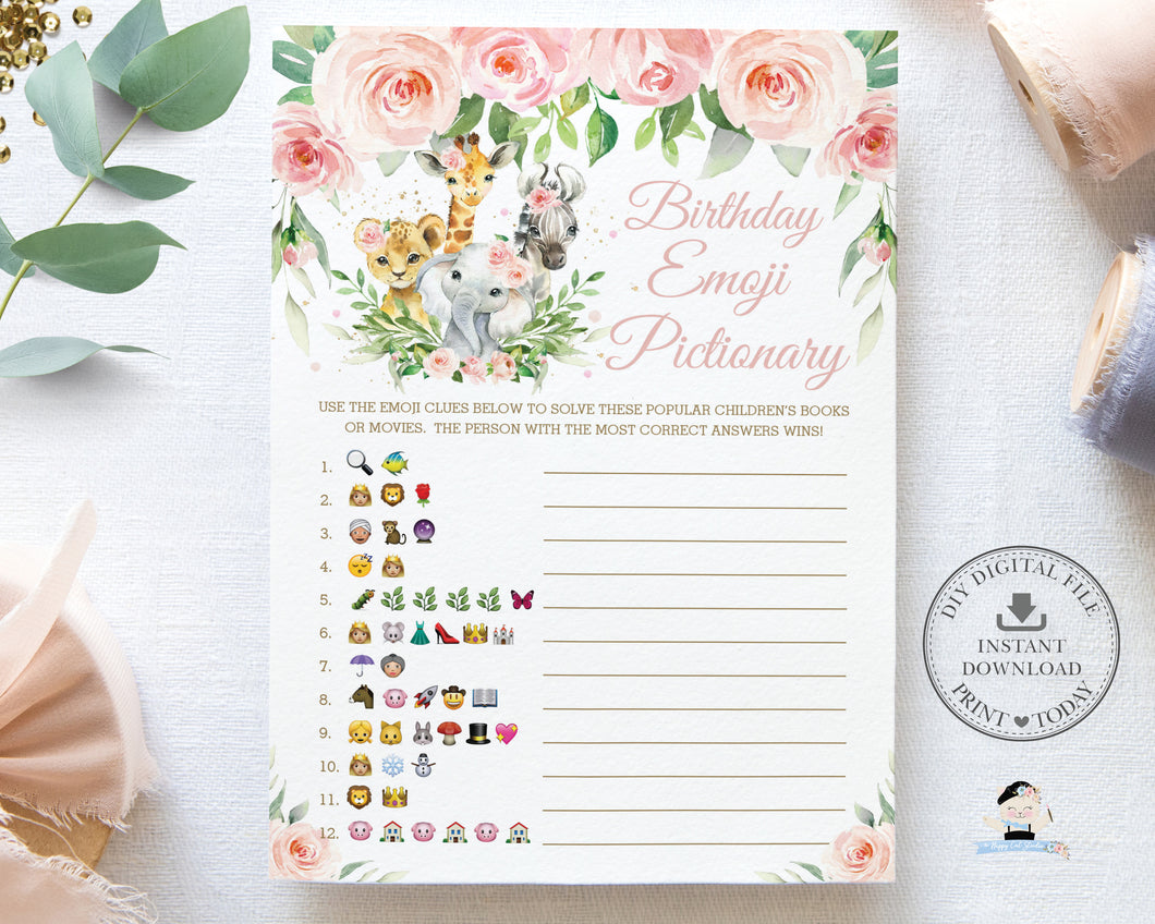 Jungle Animals Pink Floral Birthday Emoji Pictionary Game Digital Printable File - Instant Download - JA6