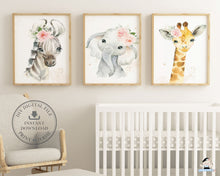 Load image into Gallery viewer, Set of 3 Nursery Wall Art Watercolor Jungle Animals Elephant Giraffe Zebra - Digital Printable Files - Instant Download - JA6