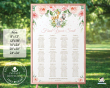 Load image into Gallery viewer, Chic Jungle Animals Pink Floral Seating Chart Sign Baby Shower Birthday - Editable Template - Digital Printable File - Instant Download - JA6