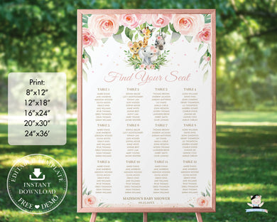 Chic Jungle Animals Pink Floral Seating Chart Sign Baby Shower Birthday - Editable Template - Digital Printable File - Instant Download - JA6