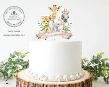 Load image into Gallery viewer, Jungle Animals Pink Floral Greenery 1st Birthday Cake Topper Digital Printable File - Instant Download - JA6