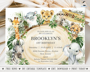 Rustic Greenery Wood Slice Jungle Animals Wild One 1st Birthday Party INVITATION Editable Template - Digital Printable File - JA10