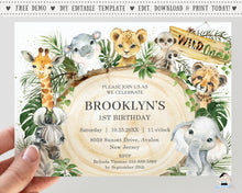 Load image into Gallery viewer, Rustic Greenery Wood Slice Jungle Animals Wild One 1st Birthday Party INVITATION Editable Template - Digital Printable File - JA10