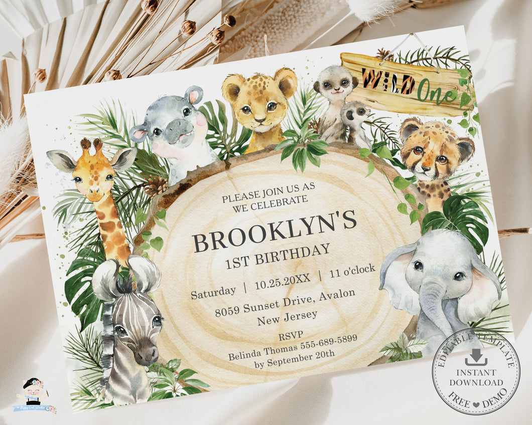 Rustic Greenery Wood Slice Jungle Animals Wild One 1st Birthday Party INVITATION Editable Template - Digital Printable File - JA10