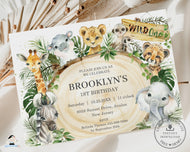 Rustic Greenery Wood Slice Jungle Animals Wild One 1st Birthday Party INVITATION Editable Template - Digital Printable File - JA10