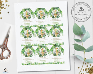 Tropical Greenery Jungle Animals Birthday Baby Shower Favor Tags - Editable Template - Digital Printable File - Instant Download - JA7